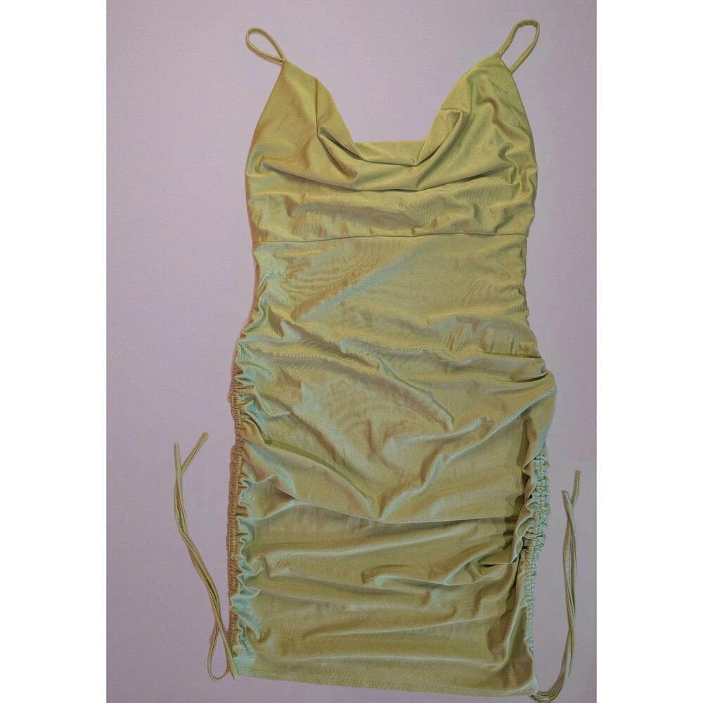 Women's E.L.H. Studio Satin Drape Neck Side Drawstring Dress Green Large